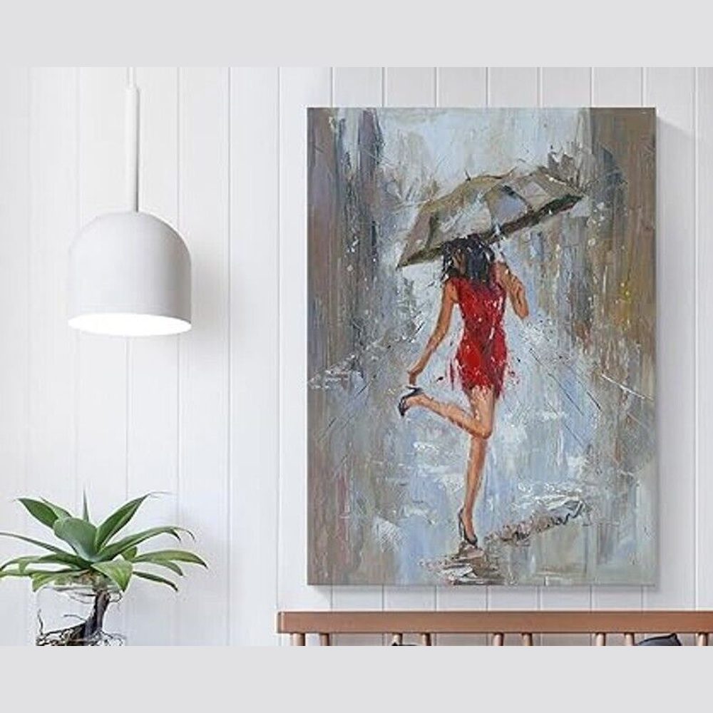 Woman In Red Dress Dancing In Rain Under Umbrella Canvas Print Framed 12" x 16" Home & Garden:Home Décor:Posters & Prints Style Your Walls